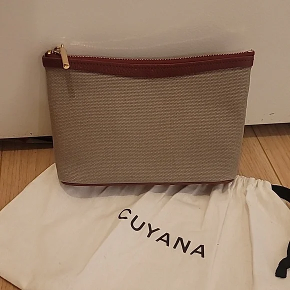 Cuyana Mini Canvas and Leather Tan and Deep Red Pouch with Gold Zipper - Picture 1 of 8